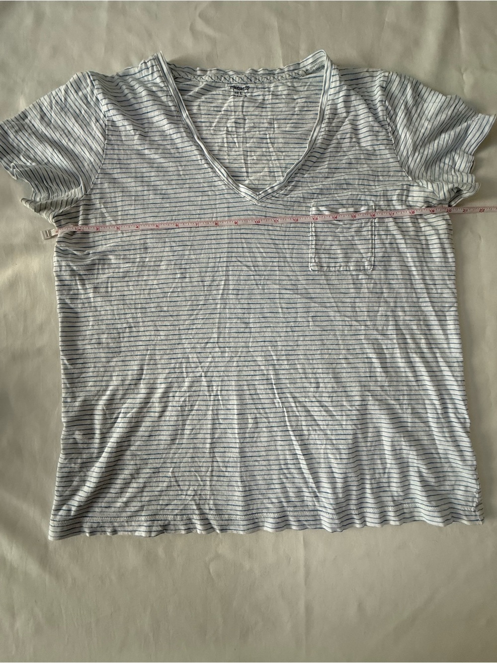 Madewell White & Navy Striped V-Neck Pocket Tee